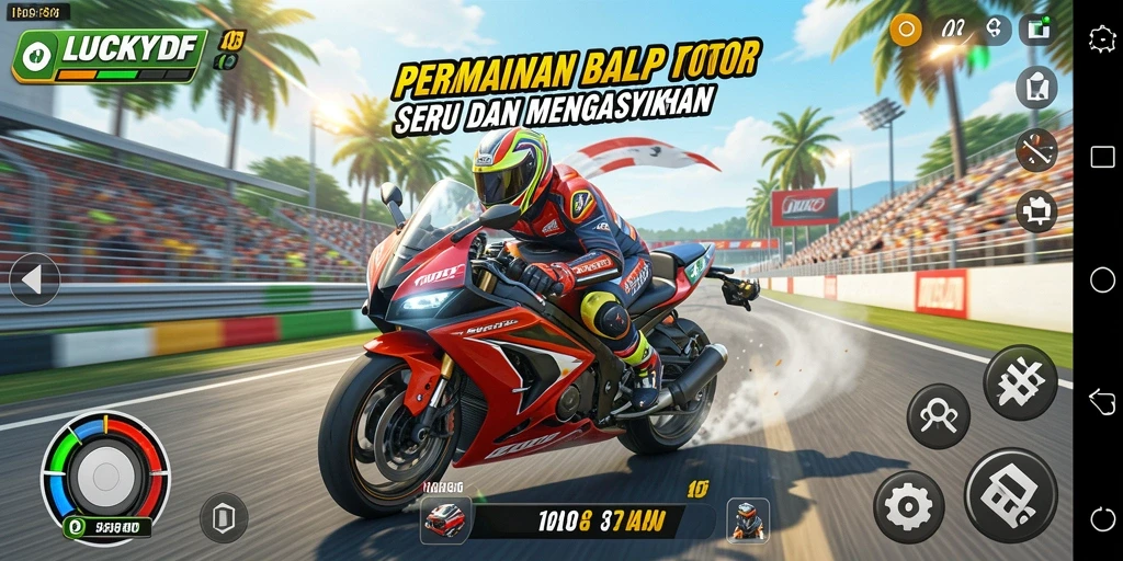 Screenshot dari gameplay LUCKYDF yang menampilkan aksi balap motor yang mendebarkan.