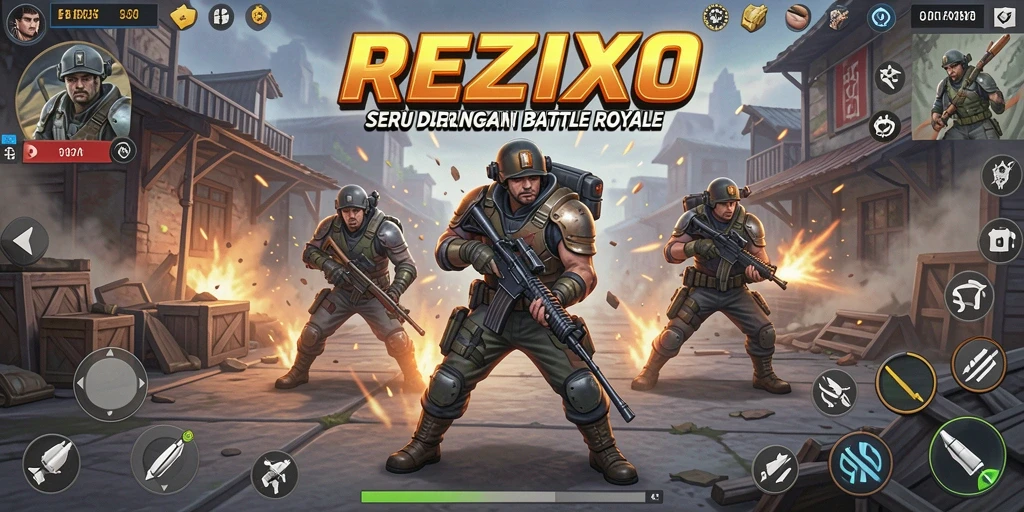 Menggambarkan aksi seru dalam permainan Battle Royale REZIXO.